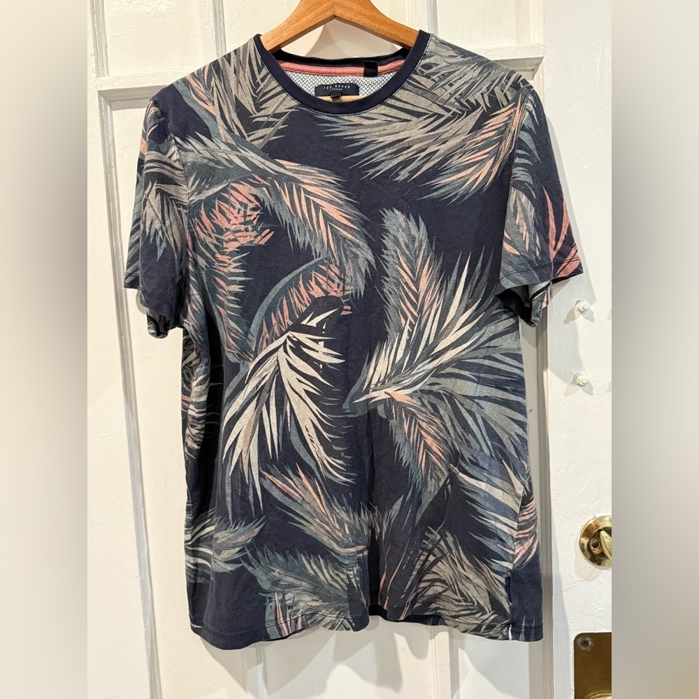 Ted Baker Navy and Coral Leaf Print Men's Tee